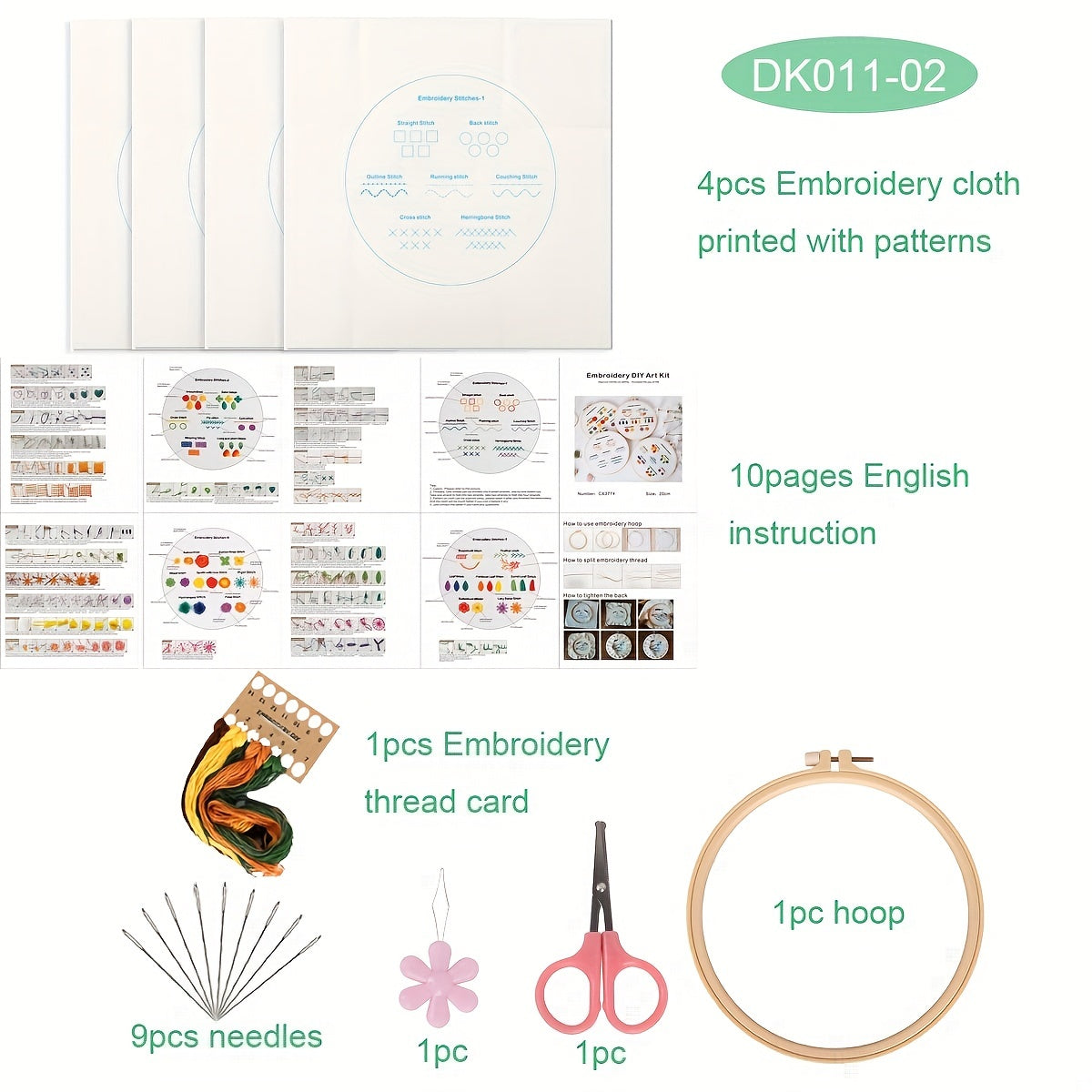 Embroidery Starter Kit Adults Embroidery Cloth Hoop Thread Needles Instruction