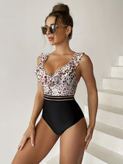 Leopard Print One Piece Swimsuit V Neck Ruffle Contrast Mesh Bathing Suit