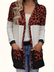 Leopard Print Open Front Cardigan with Pockets