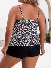 Leopard Print Tankini Set Women's Modest Cami Top & Shorts Bathing Suit