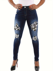 Women's Plus Size Skull Print Ripped Skinny Jeans
