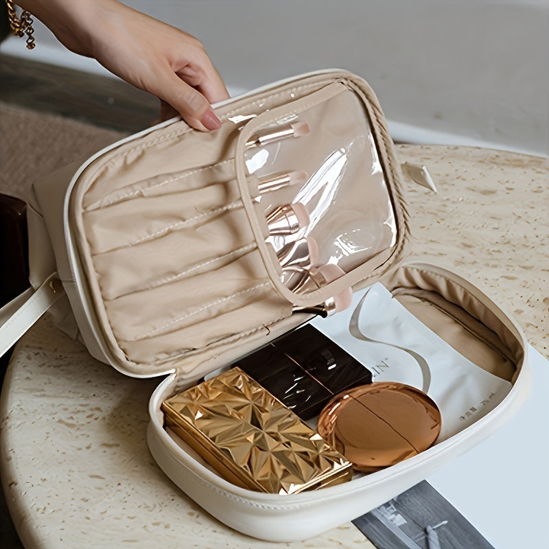 Double Layer Large Capacity Cosmetic Bag with Brush Organizer for Women