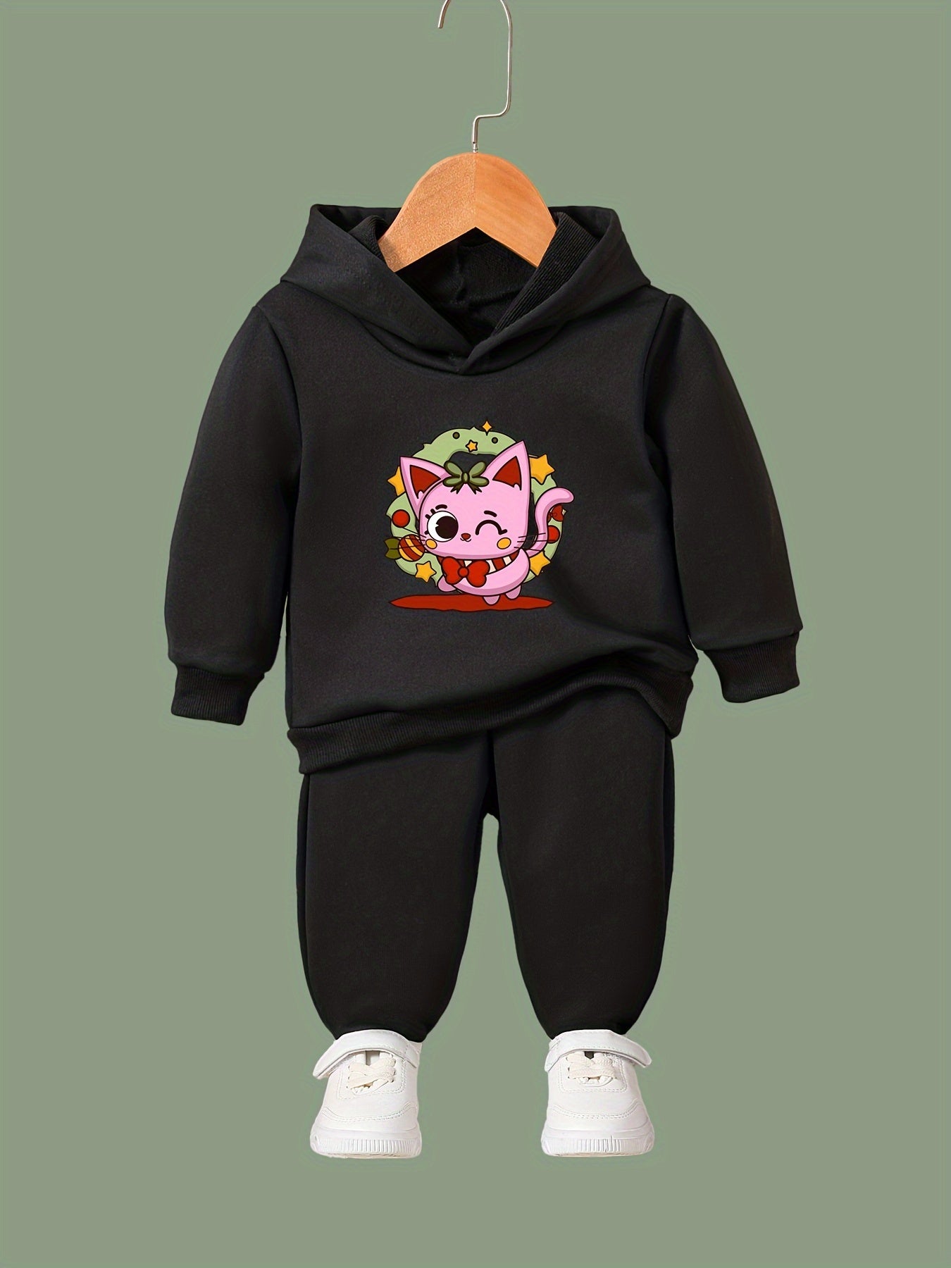 Winking Kitty Print Hoodies Pants Set For Kids Fall Sports