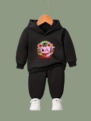 Winking Kitty Print Hoodies Pants Set For Kids Fall Sports