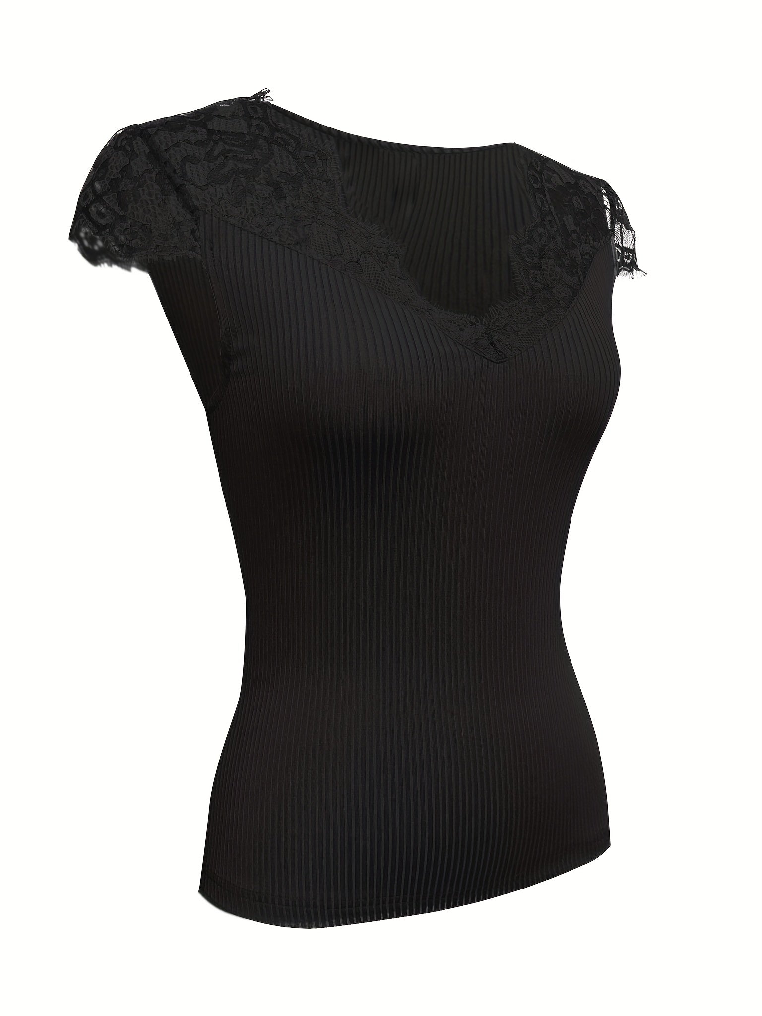 Lace Cap Sleeve Solid V Neck Top