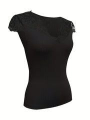 Lace Cap Sleeve Solid V Neck Top