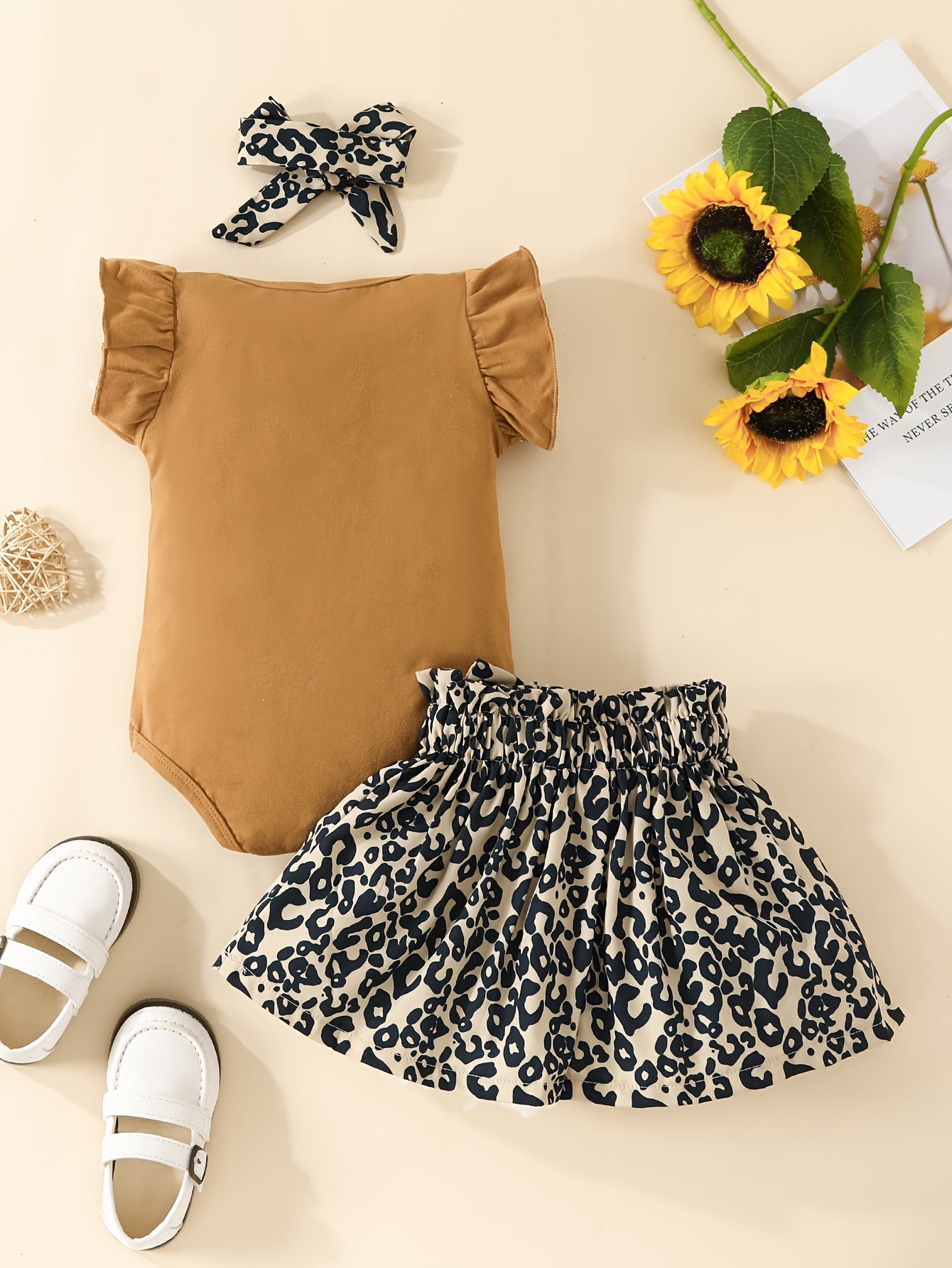 Leopard Print Romper Skirt & Headband Set for Baby Girls