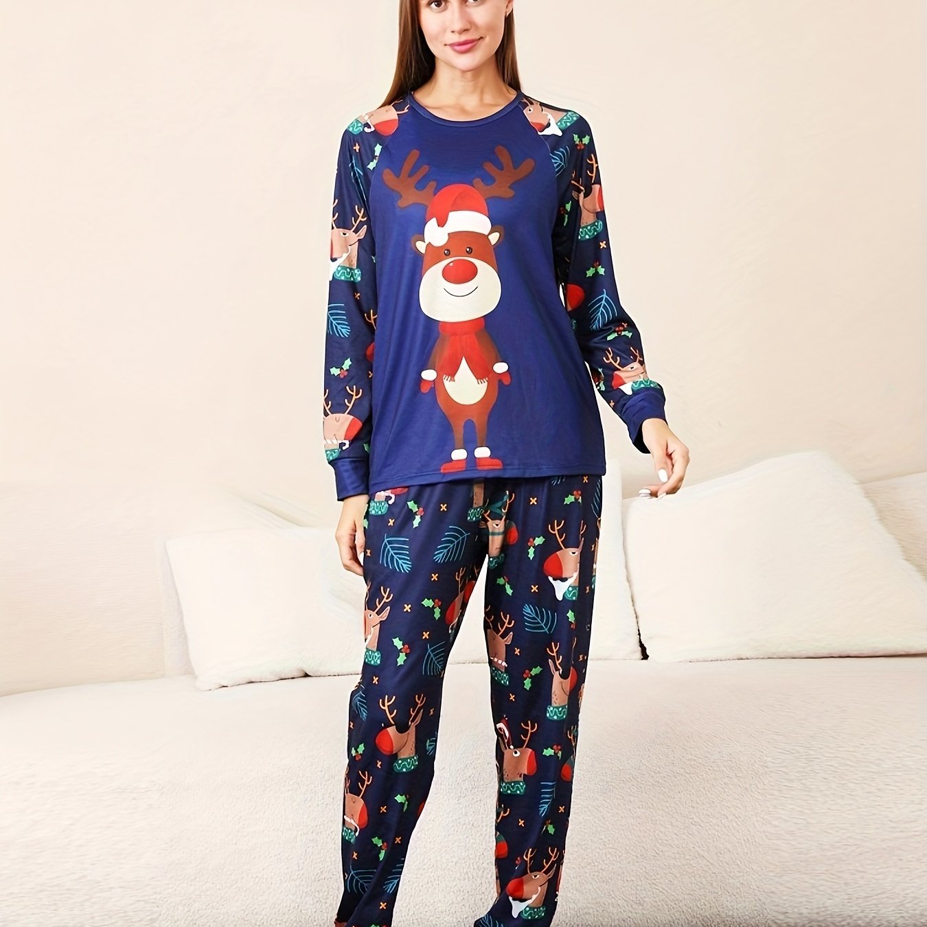 Christmas Deer Print Pajama Set Long Sleeve Round Neck Top & Lounge Pants