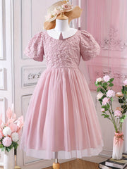 Girl's Princess Tutu Dress With Puff Sleeve Textured Top And Tulle Skirt