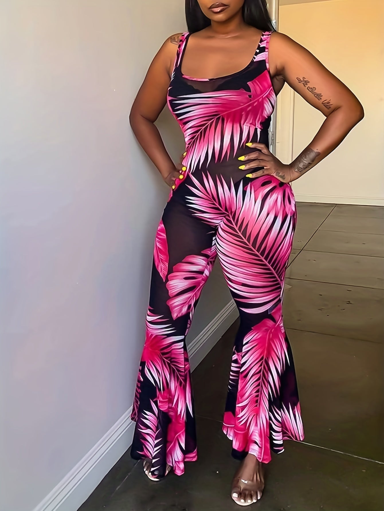 Floral Print Round Neck Flared Leg Jumpsuit