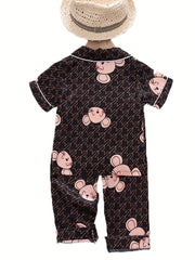 Cartoon Mouse Kid's Satin Pajamas 2pcs Short Sleeve Top & Pants Set
