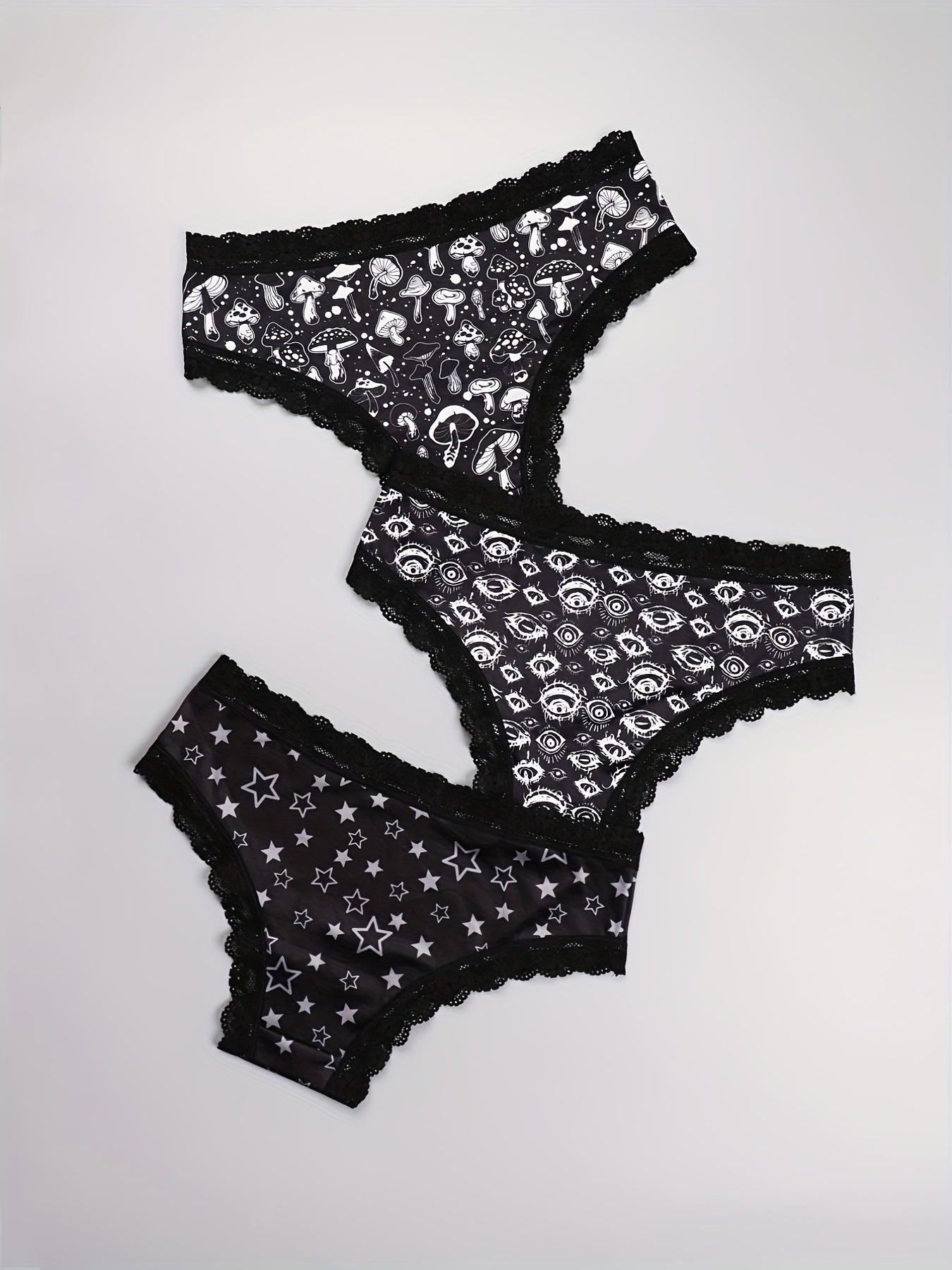 3pcs Mushroom & Star Print Hipster Panties Comfy Lace Trim