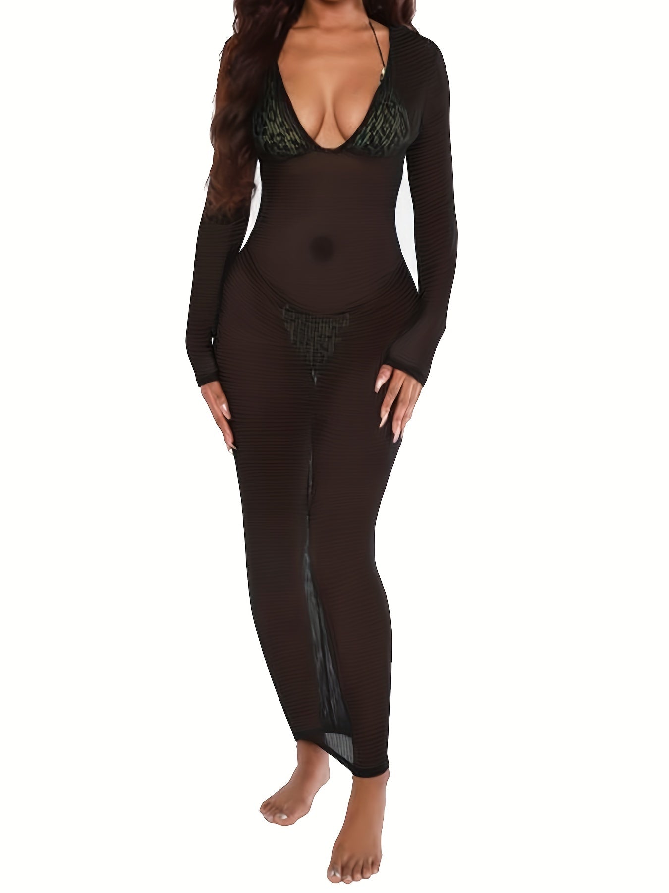Deep V Neck Knitted Cover Up Dress Solid Ankle Length Sexy Beach Cover Up