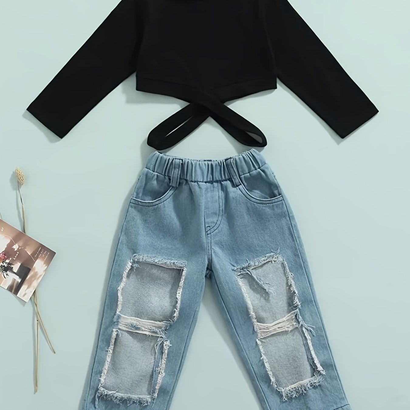 Girls Cropped Top & Ripped Denim Pants Set for Autumn/Spring