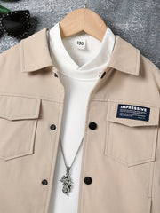 Kid's Button Front Jacket Patched Long Sleeve Top Casual Boy's Clothes