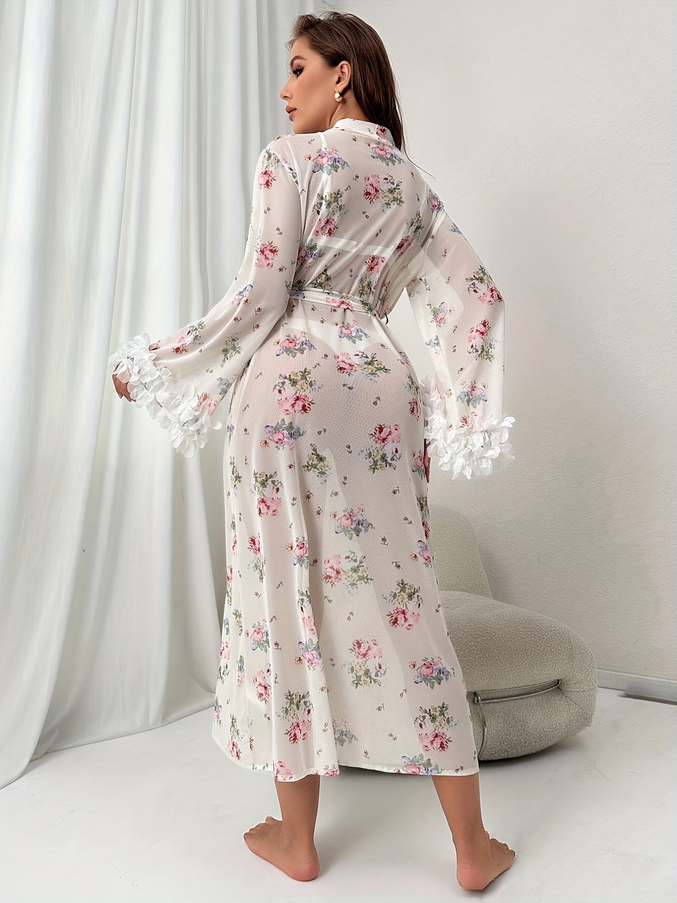 Floral Print Lace Trim Lounge Robes Semi Sheer Long Sleeve Robe