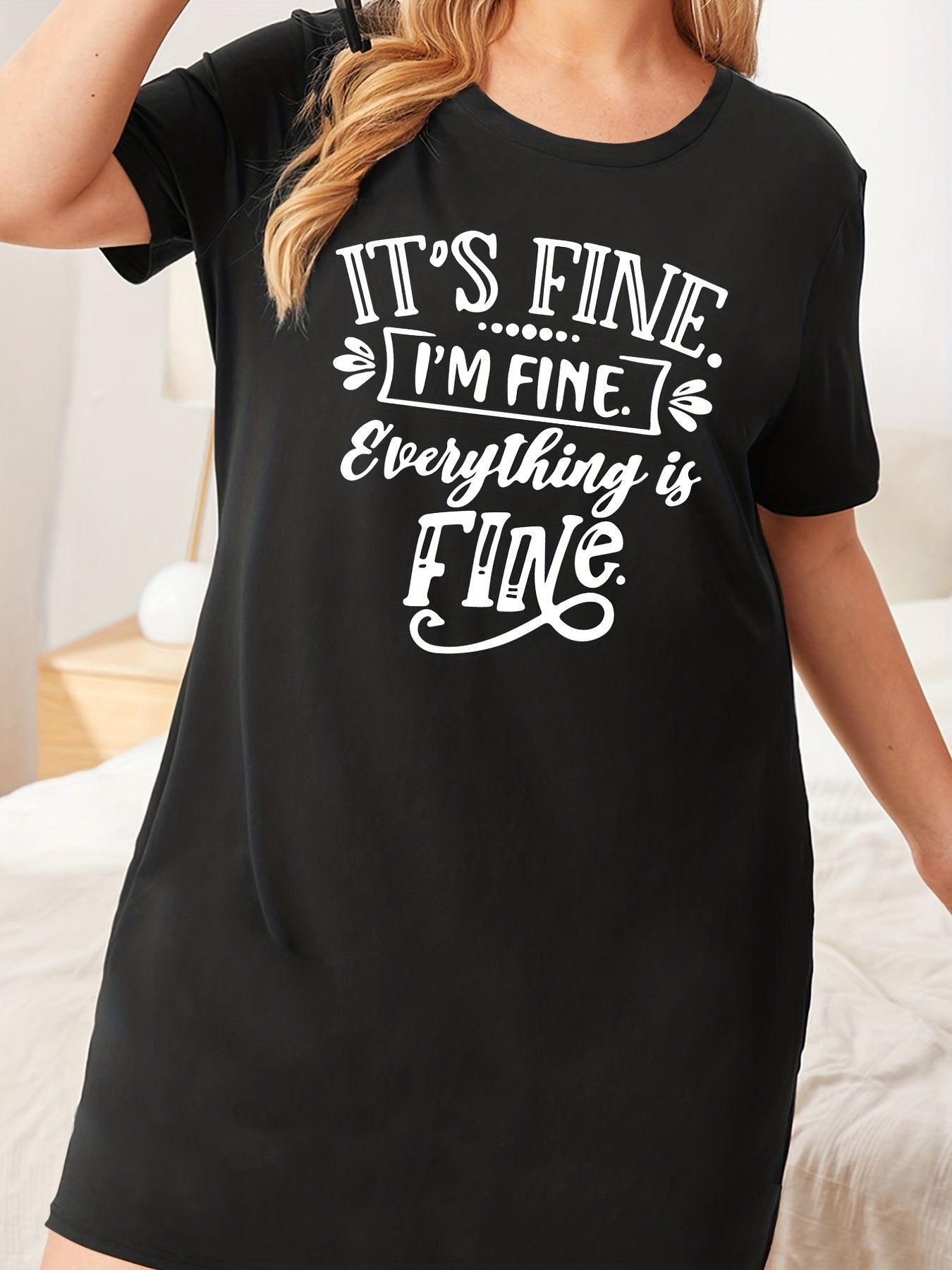 Slogan Print Short Sleeve Tee Sleep Dress
