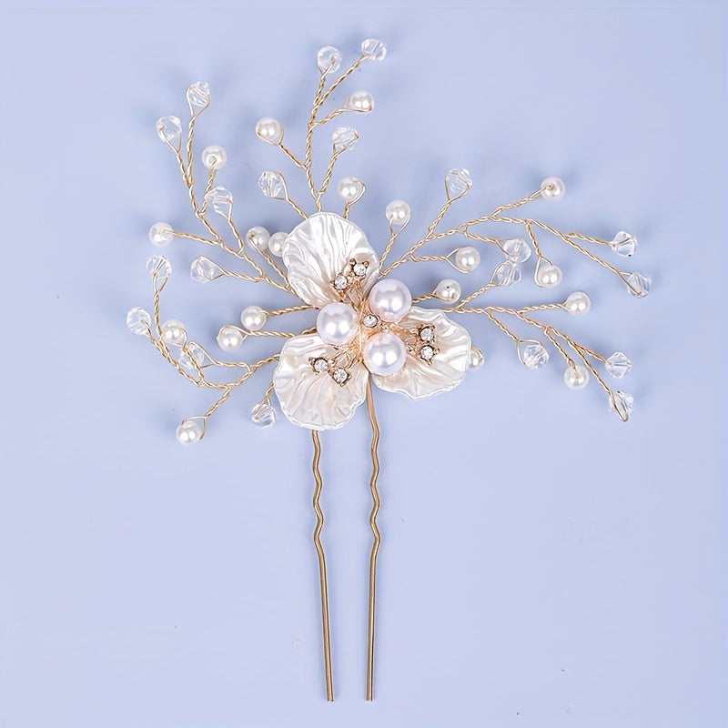 Flower Alloy Hairpin with Faux Pearl Rhinestone Bridal Hair Accessories