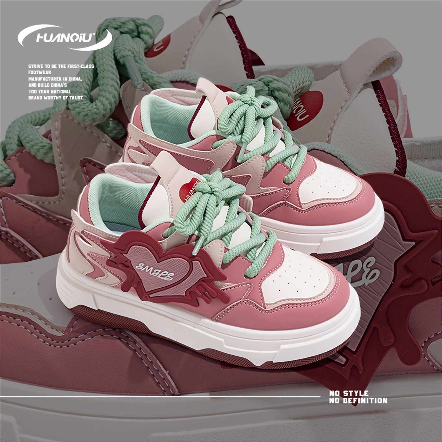 HUANQIU Women's Block Heart Lace-up Skate Shoes Lightweight Flatform Shoes
