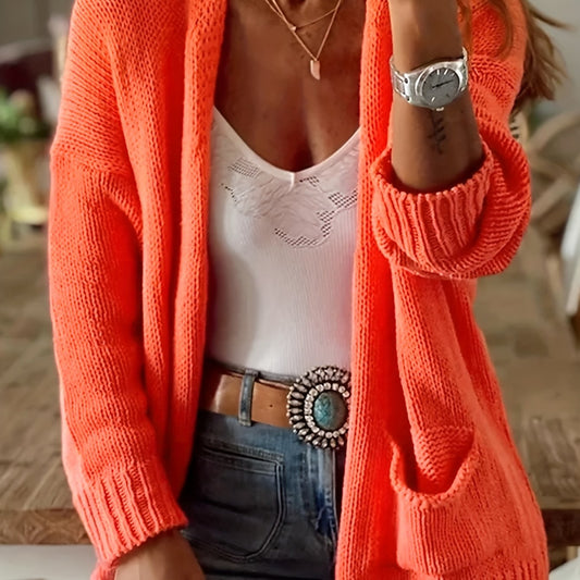 Solid Open Front Cardigan with Pockets