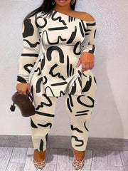 Sexy Graffiti Print One Shoulder Tunic Top & Leggings Set