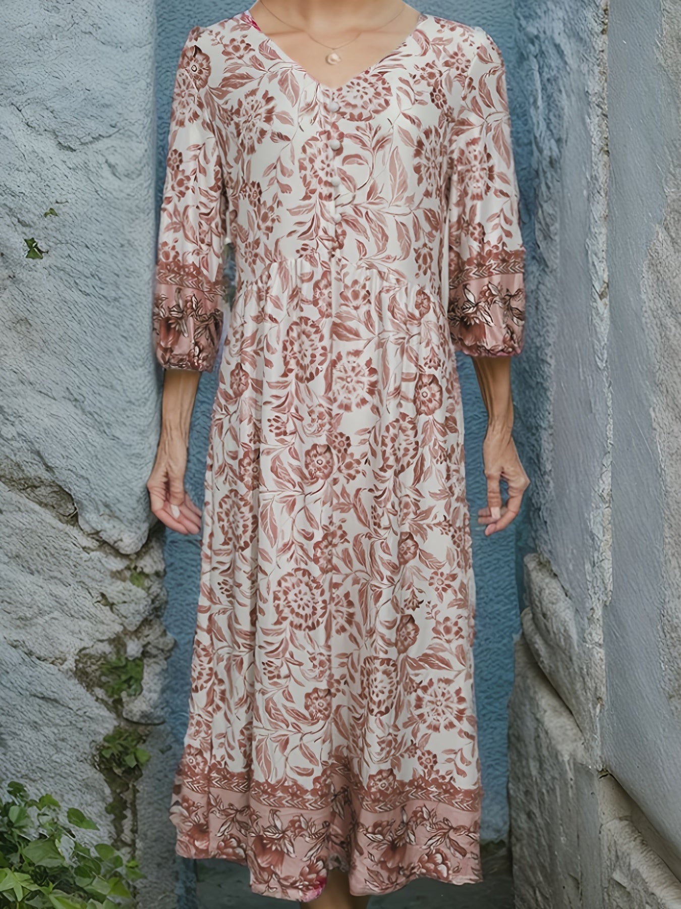 Floral Print Lantern Sleeve Dress Vintage V Neck Summer Dress Women's Clothing