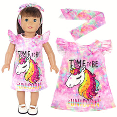 18" Doll Unicorn Flying Sleeve Skirt Headband Nightgown