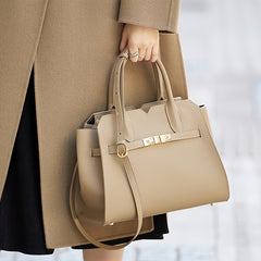 Large Capacity Beige Leather Handbag with Adjustable Strap