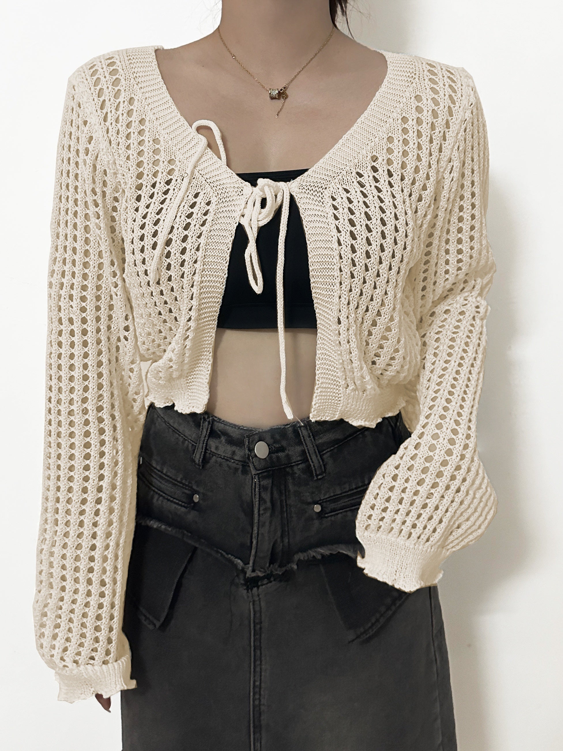 Flare Sleeve Eyelet Cardigan Beach Wear Crochet Cardigan