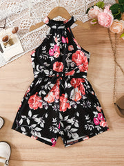 Girls' Rose Floral Print Halter Romper With Belt