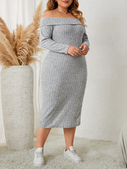 Solid Ribbed One Shoulder Long Sleeve Midi Dress