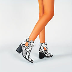 Snakeskin Ankle Boots Point Toe Back Zip Buckle Chunky Heel Shoes