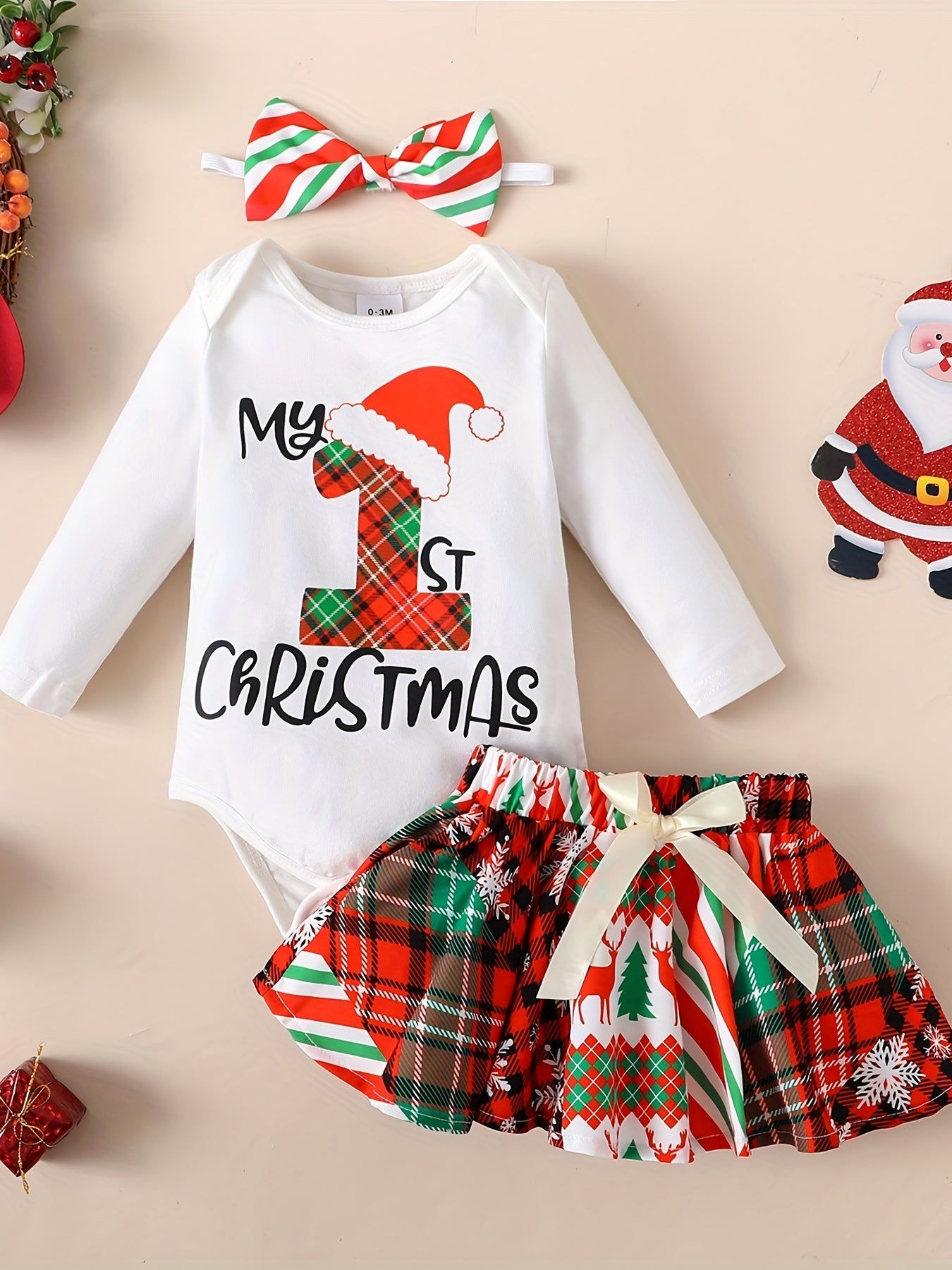 Baby Girls Christmas Romper Set Long Sleeve Letter Graphic Jumpsuit & Short Skir
