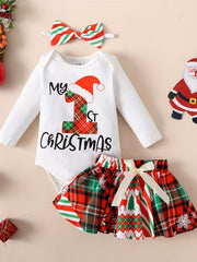 Baby Girls Christmas Romper Set Long Sleeve Letter Graphic Jumpsuit & Short Skir