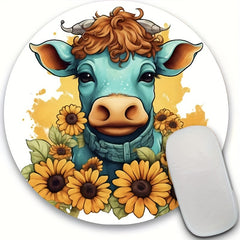 Sunflower Cow Pattern Mouse Pad 22cm, Anti-Slip Waterproof Gaming Office Pad