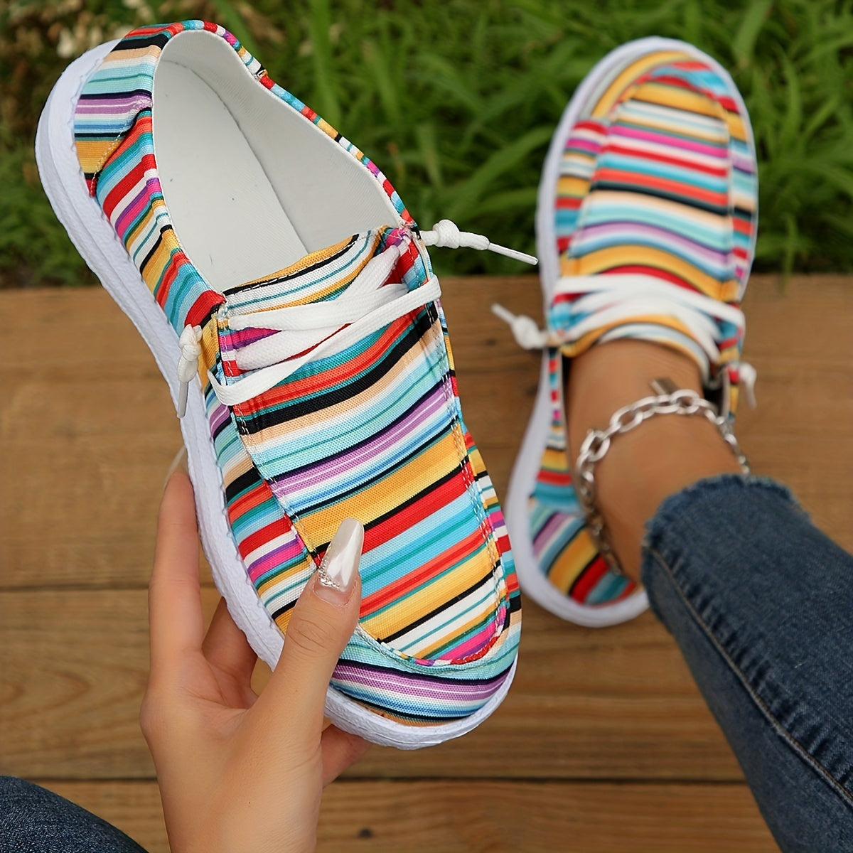 Striped Canvas Slip On Loafers Women's Casual Walking Shoes