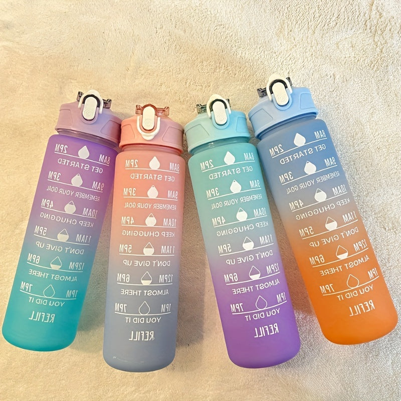 32oz Gradient Water Bottle w/ Time Scale & Straw, Leakproof, Sports & Fitness