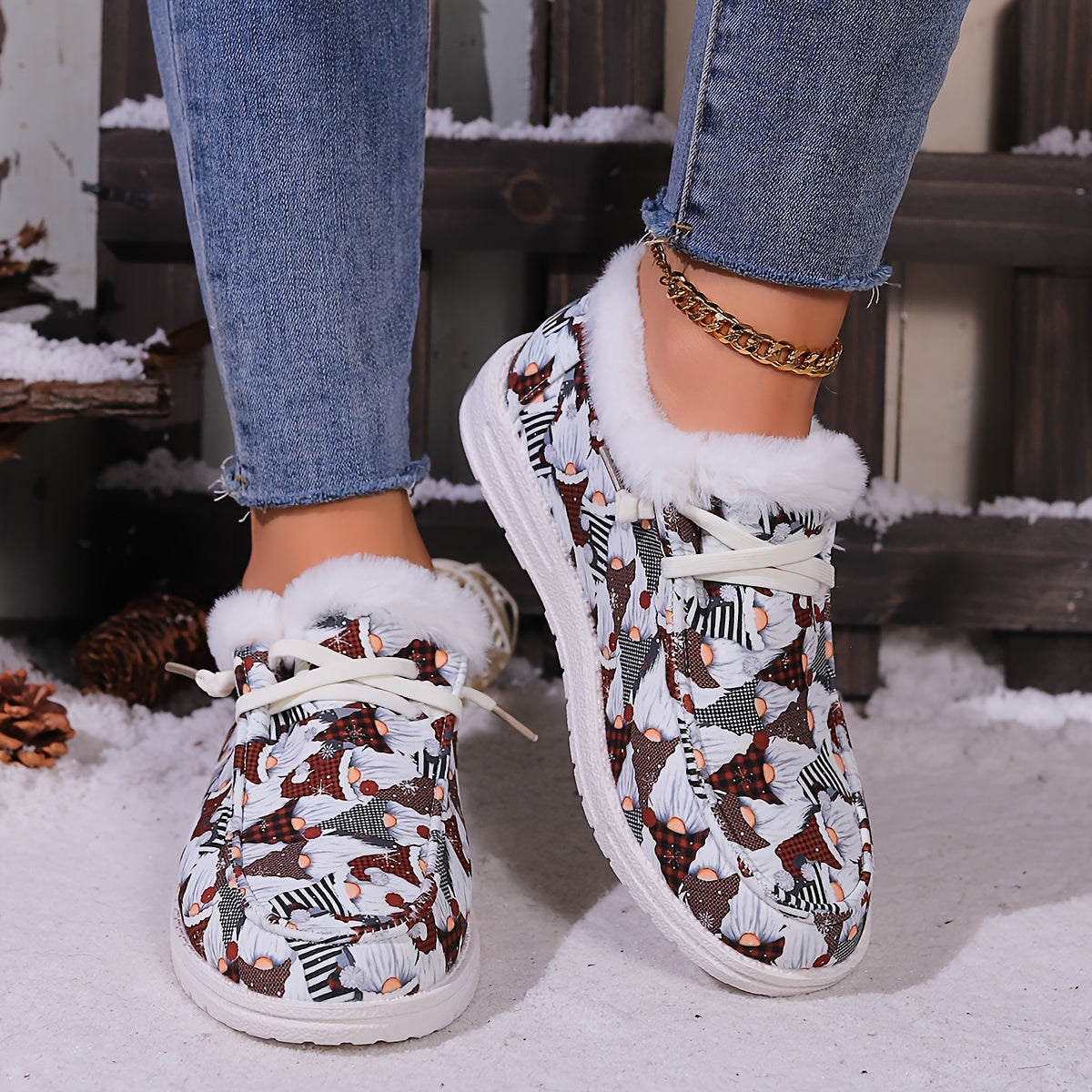 Christmas Style Snow Boots Santa Claus Pattern Plush Comfort Flats