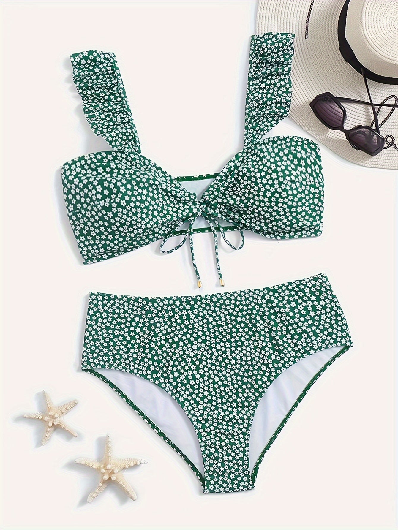 Ditsy Print Ruffle Trim Bikini Set