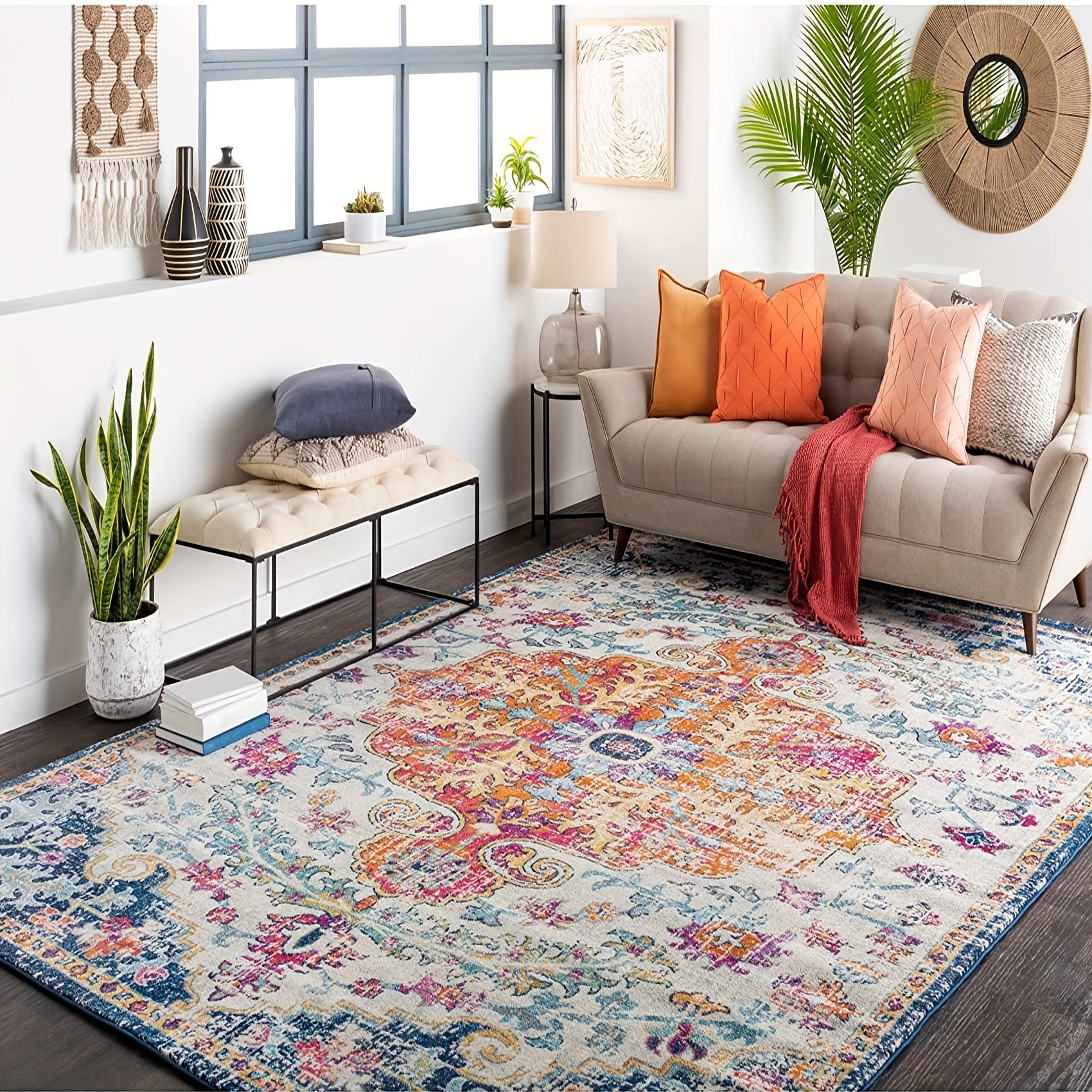 Bohemian Ornamental Carpet Area Rug Machine Washable Rugs Non Slip Backing