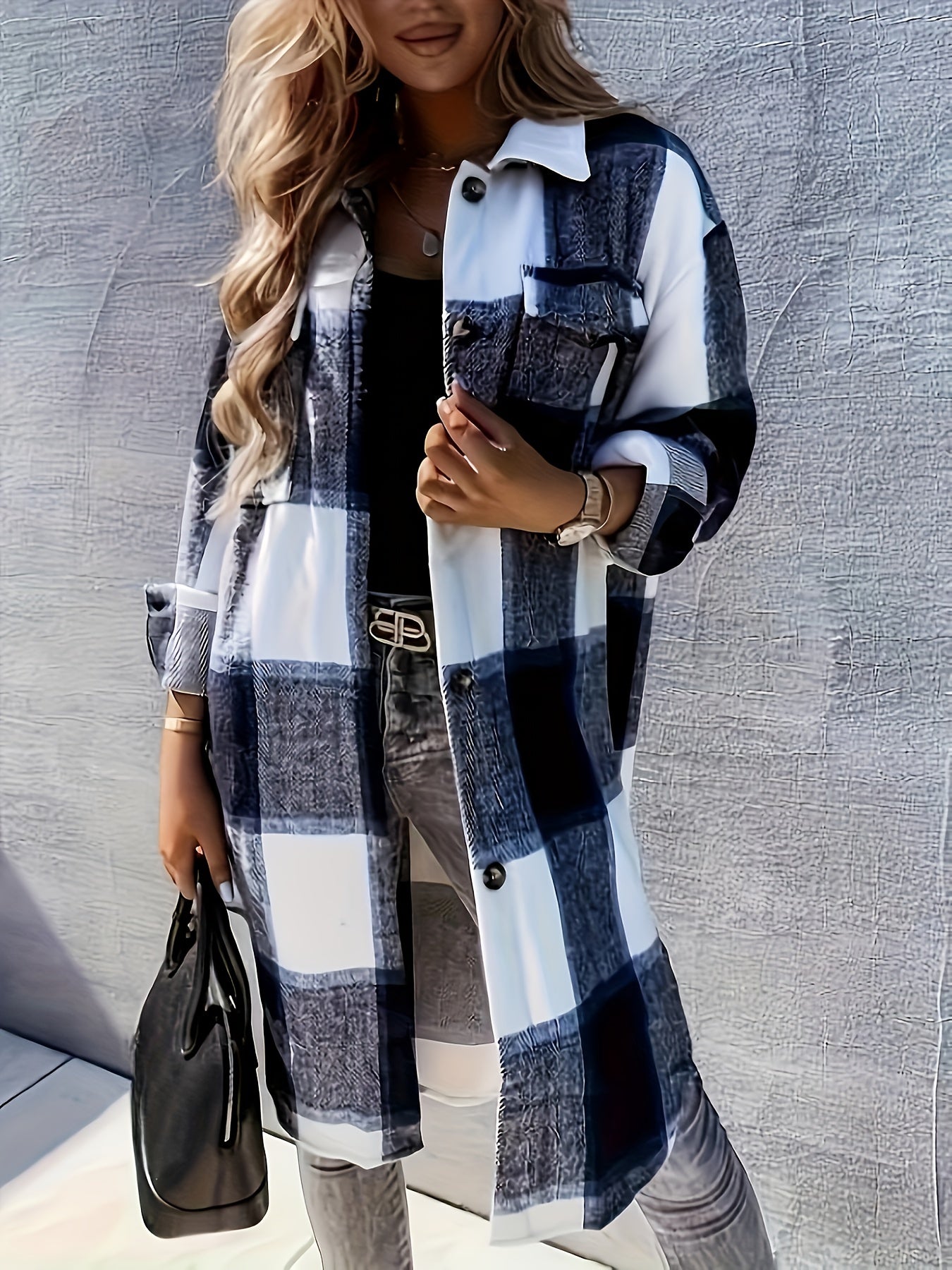 Plaid Print Long Length Jacket Button Front Outwear