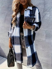 Plaid Print Long Length Jacket Button Front Outwear