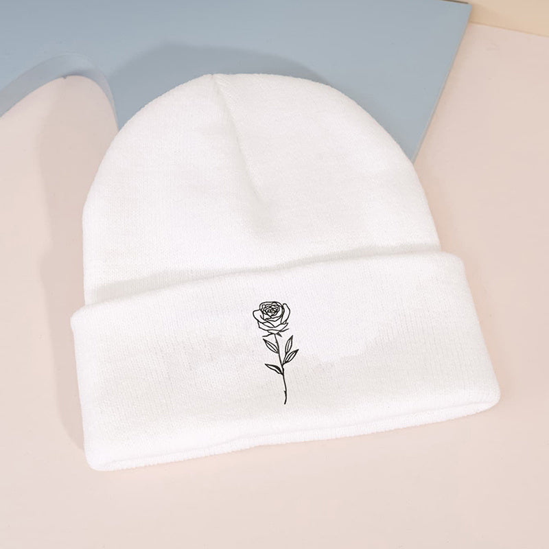 Mature Rose Vintage Embroidered Knit Hat With Rose Print
