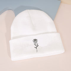 Mature Rose Vintage Embroidered Knit Hat With Rose Print