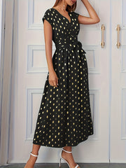 Plus Dot Print Cap Sleeve V Neck Maxi Dress With Belt