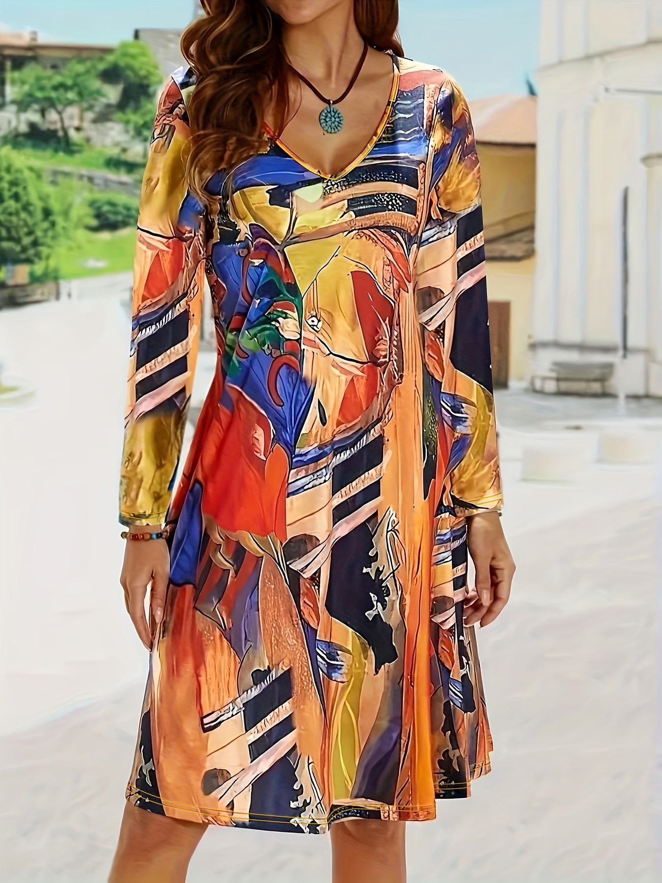 Retro Dress Women's Plus Random Print Long Sleeve V Neck