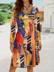 Retro Dress Women's Plus Random Print Long Sleeve V Neck