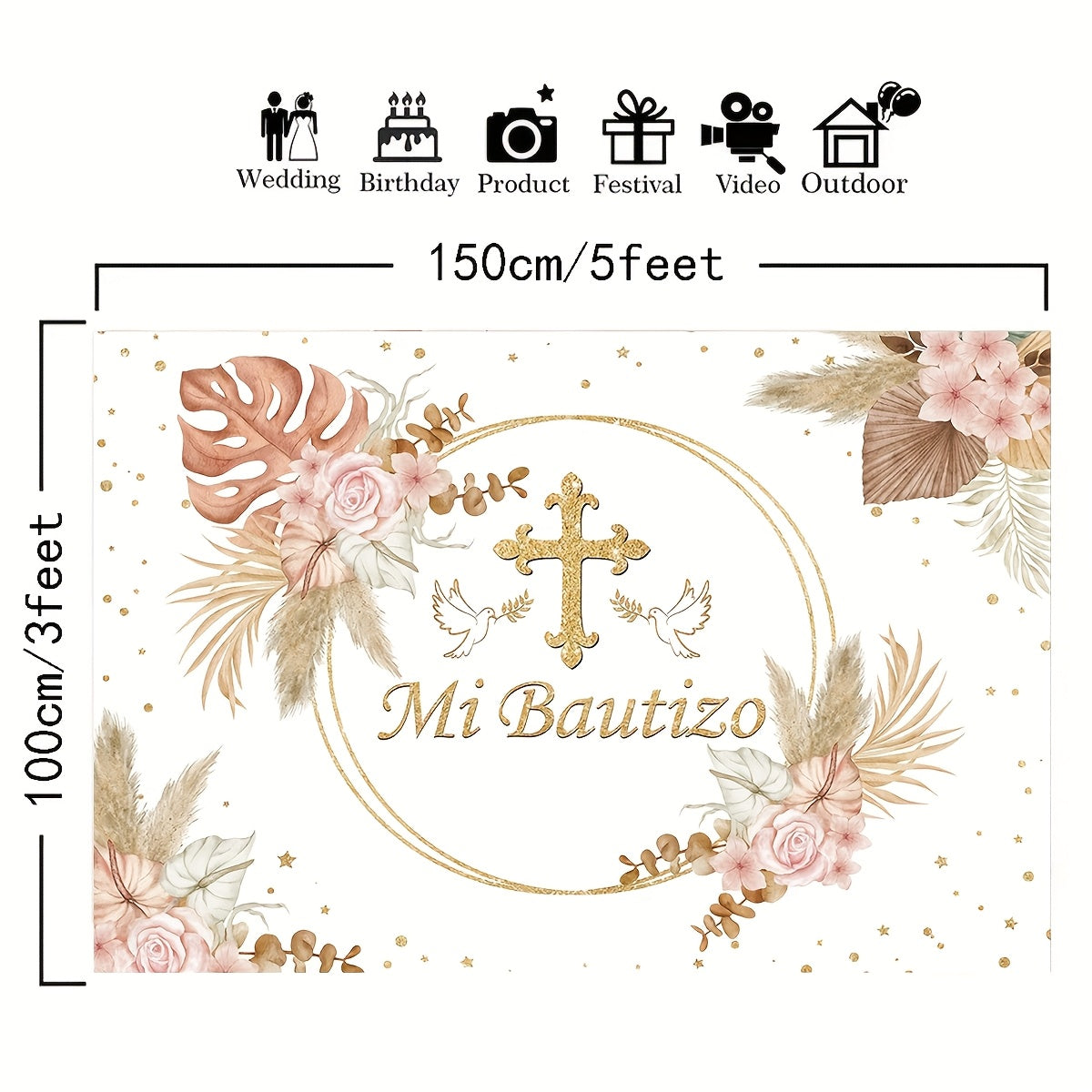 Pink Floral Baptism Banner with Golden Accents - Mi Baptizo Christening Backdrop