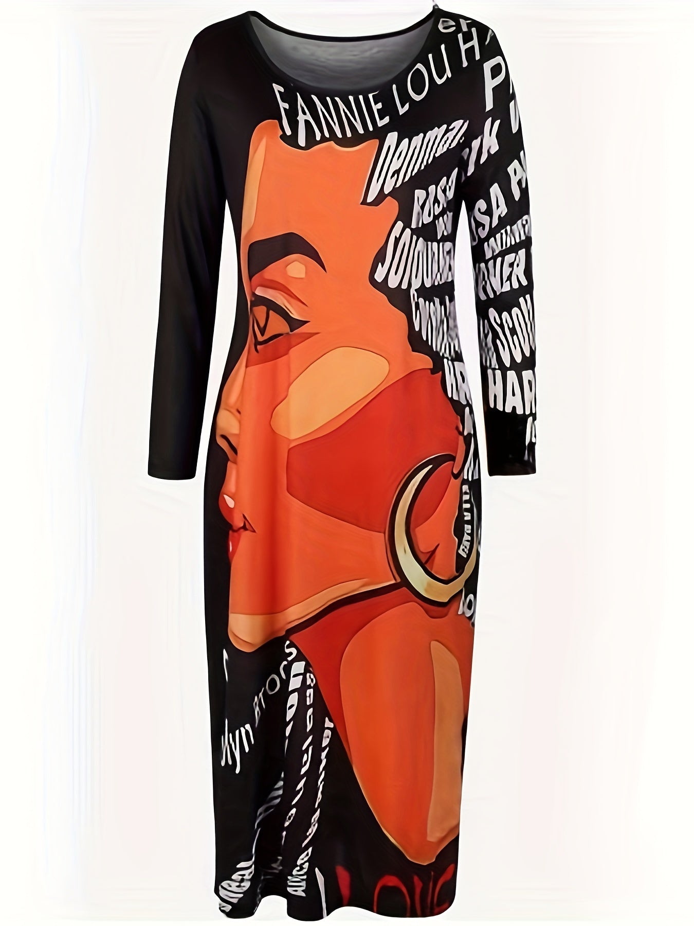 Pop Art Print Maxi Dress Long Sleeve Round Neck Plus Size Casual Dress