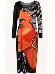 Pop Art Print Maxi Dress Long Sleeve Round Neck Plus Size Casual Dress